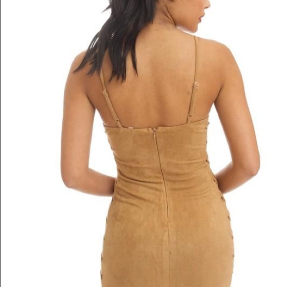 Faux Suede Criss Cross Open Side Midi Dress - Camel Tan - Picture 4 of 5